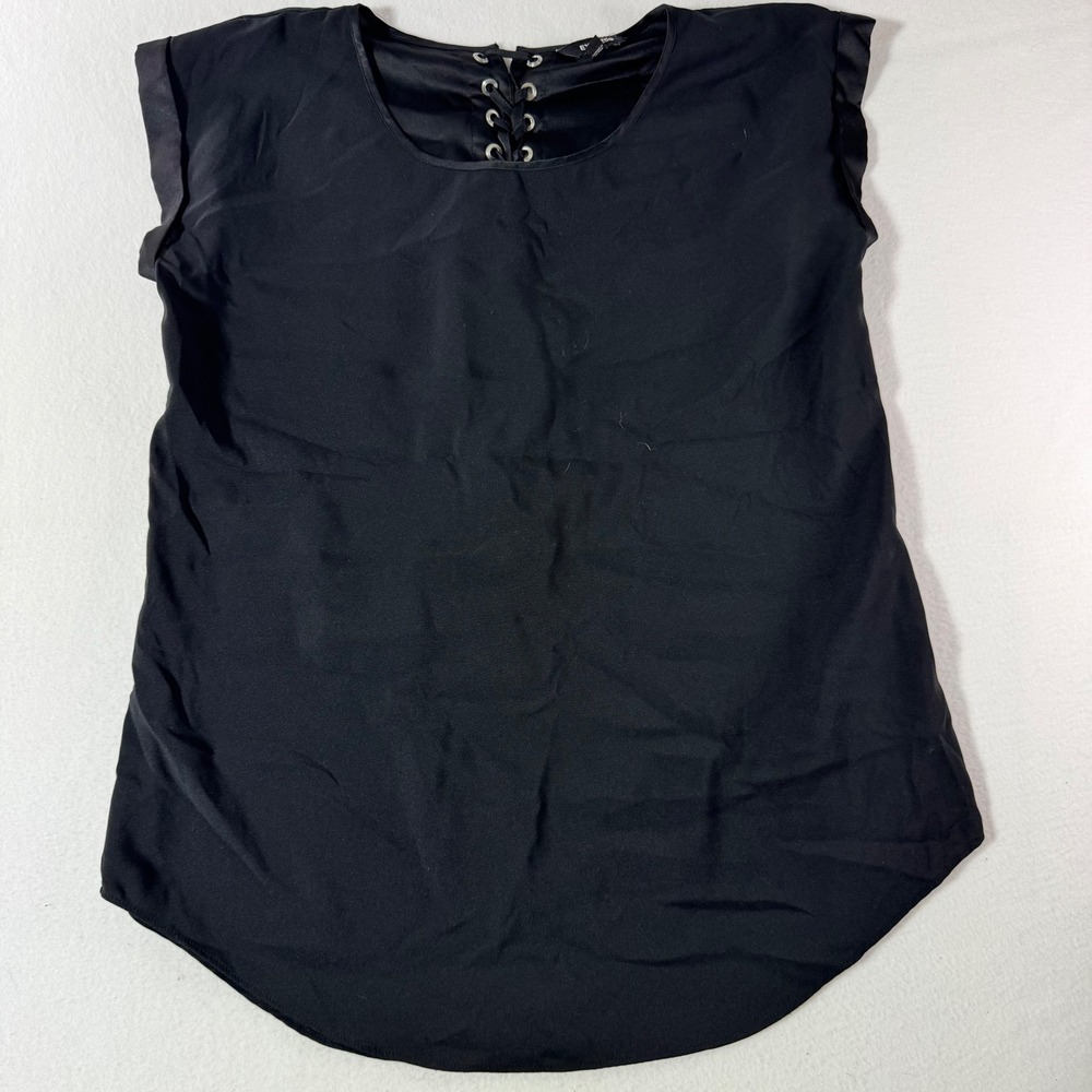 Express Lace Up Back Blouse Size M Black Cap Sleeve Satin Detail Top Polyester